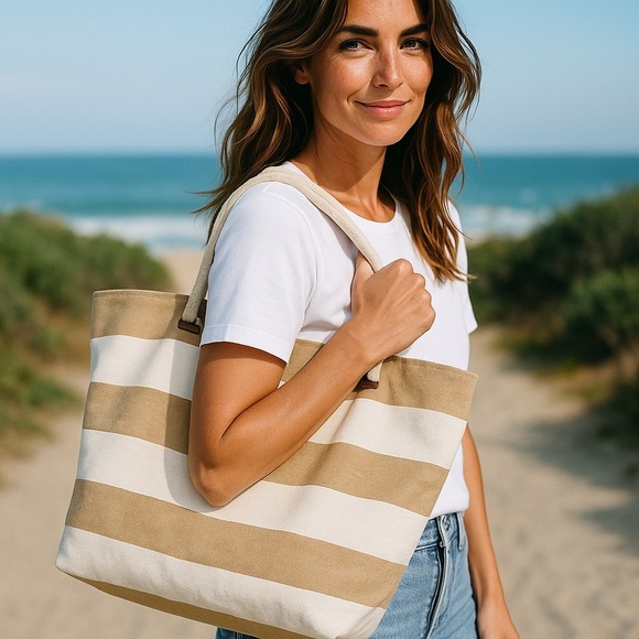 NWOT Striped Tan and White Tote Bag - Picture 8 of 8